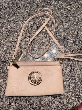 Beige faux Leather Crossbody Wallet with Gold Medallion